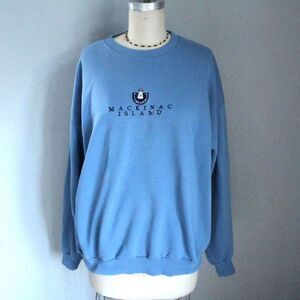 Vintage Mackinac Island Sweatshirt Blue Crewneck Pullover Lighthouse XL